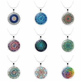 Glass Mandala Flower Dome Pendant Necklace, Platinum Brass Jewelry for Women