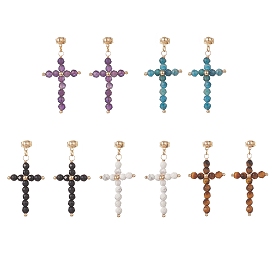 Boucles d'oreilles pendantes en forme de croix avec pierres précieuses mélangées naturelles, bijoux en fil de laiton doré clair pour femmes