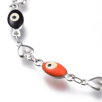 304 Stainless Steel Link Bracelets, with Enamel and Lobster Claw Clasps, Evil Eye & Heart, Stainless Steel Color