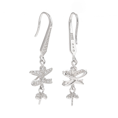 925 Sterling Silver Earring Hooks, with Clear Cubic Zirconia, Bowknot, for Half Drilled Beads