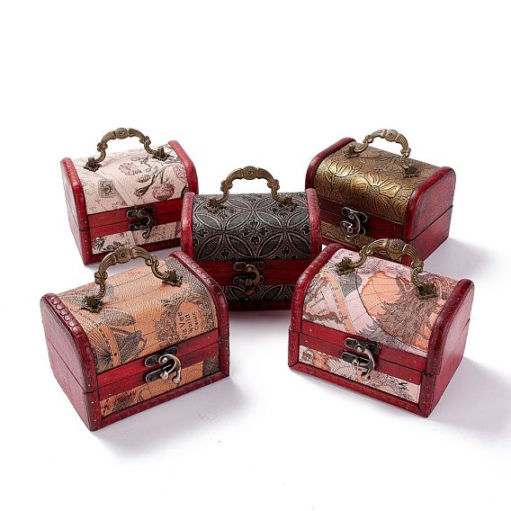 Antiguo joyero de madera, cajas decorativas de cofre del tesoro de cuero pu, con asa de transporte y pestillo, Rectángulo