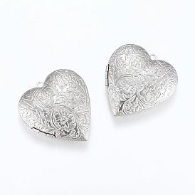 304 Stainless Steel Locket Pendants, Photo Frame Charms for Necklaces, Heart with Flower Pattern