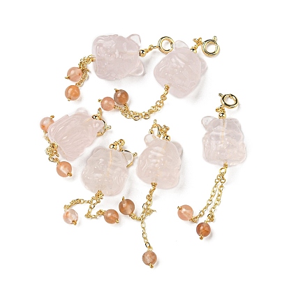 Décorations de pendentif de renard à neuf queues en quartz rose naturel, Ornement de pompon en agate naturelle avec fermoirs à ressort en laiton