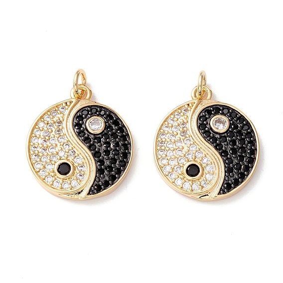 Rack Plating Brass Micro Pave Clear & Black Cubic Zirconia Pendants, Long-Lasting Plated, Cadmium Free & Lead Free, Flat Round with Yin Yang
