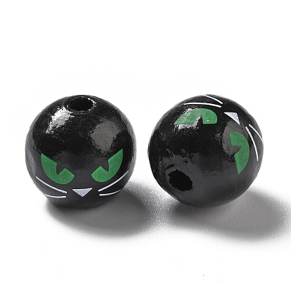 Halloween Spray Painted Wood Beads, Round with Green Cat Eye Pattern