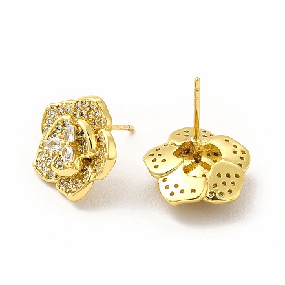 Rack Plating Brass Micro Pave Cubic Zirconia Stud Earrings for Women, Long-Lasting Plated, Lead Free & Cadmium Free, Flower