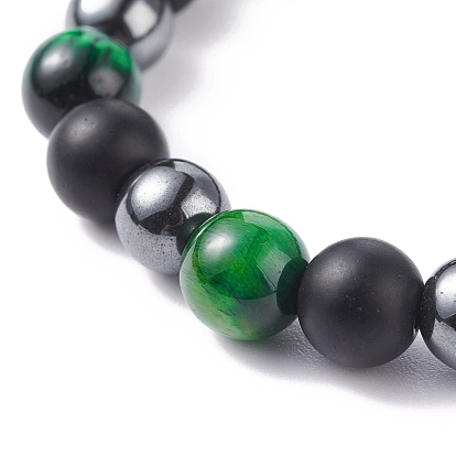 Round Stone Beads Stretch Bracelets, Natural Tiger Eye & Synthetic Black Stone & Hematite Beads Bracelet for Women