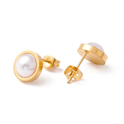 6 Pair Shell Pearl Half Round Stud Earrings, 304 Stainless Steel Post Earrings for Women, White