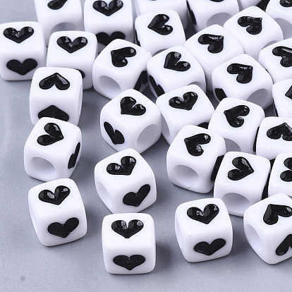 Opaque Acrylic Beads, Cube with Heart