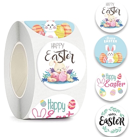 4 Patterns Round Dot Easter Theme Paper Self-adhesive Rabbit Easter Egg Stickers, for Gift Sealing Decor