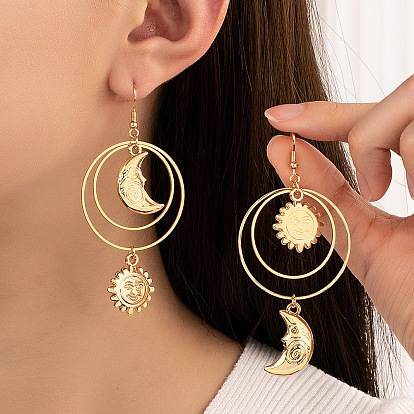 Exaggerated Moon Sun Earrings - Asymmetric, Trendy Fashion Ear Jewelry.