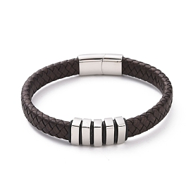 304 bracelet perlé rectangle en acier inoxydable avec fermoirs magnétiques, bracelet punk en cuir tressé noir pour hommes femmes