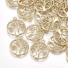 Brass Pendants, Flat Round with Tree of Life, Real 18K Gold Plated