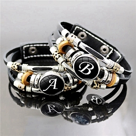 Braided Bead Bracelets, Leather Cord Multi-Strand Bracelets, Glass Letter Bracelet, Letter A~Z