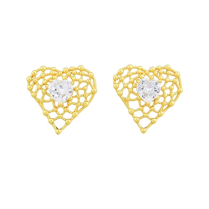 Clear Glass Heart Stud Earrings, Rack Plating Brass Jewelry for Women, Nickel Free