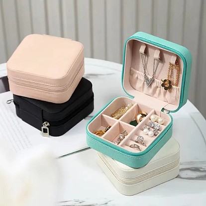 Imitation Leather Jewelry Storage Zipper Boxes, Travel Portable Jewelry Organizer Case for Necklaces, Earrings, Rings, Square