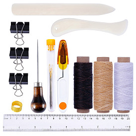 Kits d'outils de reliure, y compris le fil de coton ciré, raineur de papier en plastique, aiguilles à coudre, boîte de rangement pour aiguilles à coudre, alêne, anneau dé à coudre, ciseaux, règle, clips liant