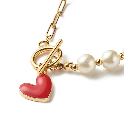 Colliers de perles de verre de perles, avec 304 chaînes trombones en acier inoxydable et breloques cœur, or