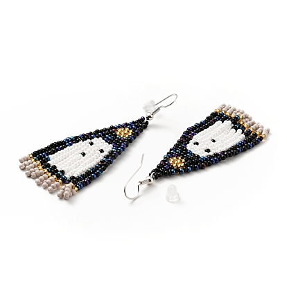 Glass Seed Braided Ghost Chandelier Earrings, Chain Tassel Alloy Halloween Earrings for Women
