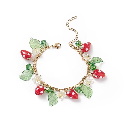 Bracelet à breloques en plastique imitation perle fleur & feuille acrylique & fraise au chalumeau, 304 bijoux en acier inoxydable pour femmes