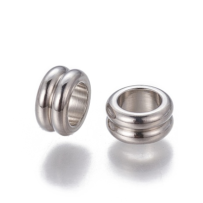 201 perles européennes rainurées en acier inoxydable, Perles avec un grand trou   , rondelle