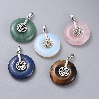 Gemstone Pendants, with Platinum Tone Brass Findings, Donut/Pi Disc with Lotus