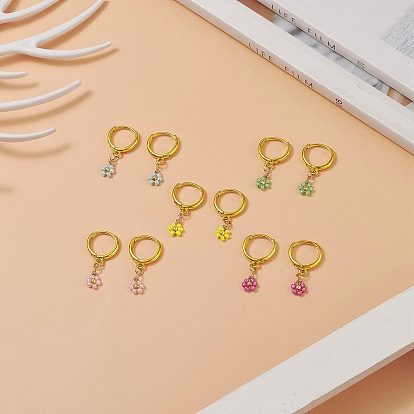 Glass Flower Dangle Hoop Earrings, Real 18K Gold Plated Brass Wire Wrap Jewelry for Women