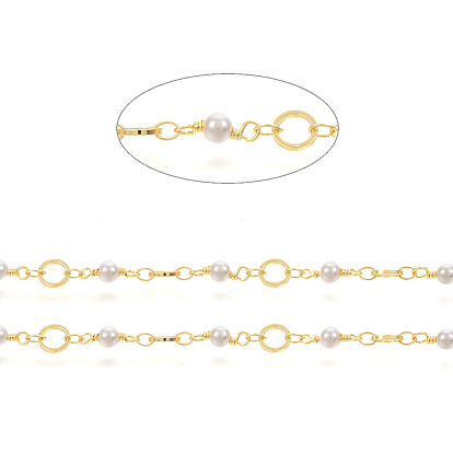 Brass Handmade Beaded Chain, with Round Glass Beads, Long-Lasting Plated, Soldered, with Spool, Ring