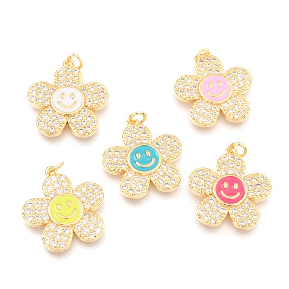 Brass Micro Pave Clear Cubic Zirconia Pendants, with Enamel and Jump Rings, Long-Lasting Plated, Flower with Smiling Face, Real 18K Gold Plated