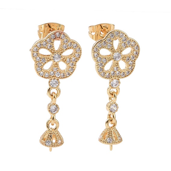 Brass Micro Pave Clear Cubic Zirconia Stud Earring Findings, with Ear Nuts, for Half Drilled Beads, Flower, Cadmium Free & Lead Free