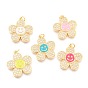 Brass Micro Pave Clear Cubic Zirconia Pendants, with Enamel and Jump Rings, Long-Lasting Plated, Flower with Smiling Face, Real 18K Gold Plated