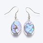 Abalone Shell/Paua Shell Dangle Earrings, with Brass Findings, Oval, Platinum