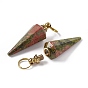 Natural Unakite Openable Perfume Bottle Pendants, Faceted Cone Charm, with Golden Tone Brass Findings