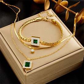 Retro Luxe Minimalist Emerald Green Square Pendant Necklace and Bracelet Set with Diamond Accents