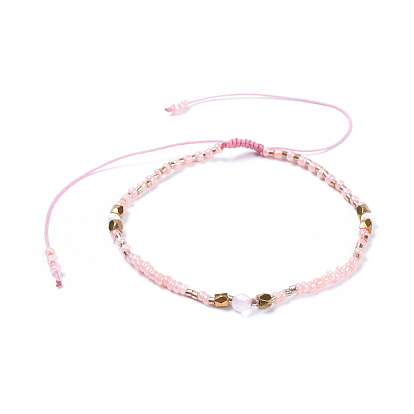 Bracelets de perles tressées en fil de nylon ajustable, avec perles de rocaille en verre et perles rondes à facettes de pierres précieuses naturelles