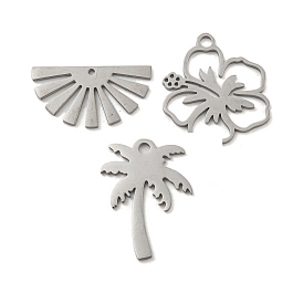 304 Stainless Steel Pendants, Laser Cut, Stainless Steel Color, Coconut Tree & Flower & Sun Charm