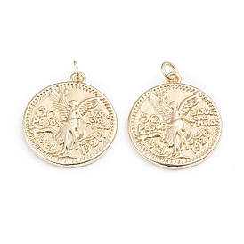 Brass Coin Pendants, with Jump Rings, Cadmium Free & Lead Free, Long-Lasting Plated, Flat Round & Angel & Word