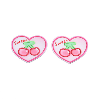 Printed Acrylic Cabochons, Rubberized Style, Heart with Cherry & Word Sweet