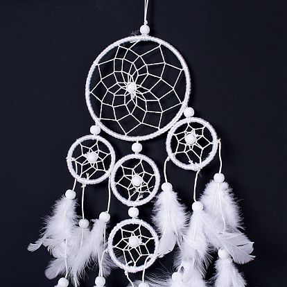 Native Style Five Rings Woven Net/Web with Feather Wall Hanging Decoration, with Wooden Beads, for Home Offices Amulet Ornament
