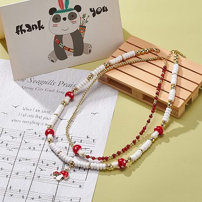 2Pcs 2 Style Alloy Enamel Mushroom Pendant Necklaces Set, Natural Carnelian Carnelian & Synthetic Hematite & Polymer Clay Beaded Stackable Necklaces for Women