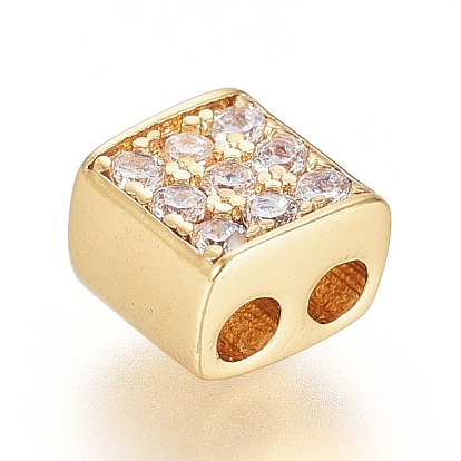 Brass Micro Pave Cubic Zirconia Slide Charms, Long-Lasting Plated, Cube, Clear