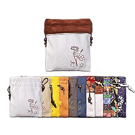 Chinese Style Cotton and Linen Drawstring Gift Blessing Bags, Jewelry Storage Pouches with Velvet Inside, for Wedding Party Candy Packaging, Rectangle