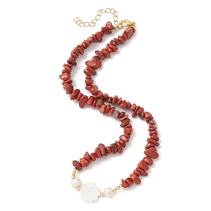 Collar de cadenas con cuentas de perlas y conchas y piedras preciosas naturales mezcladas