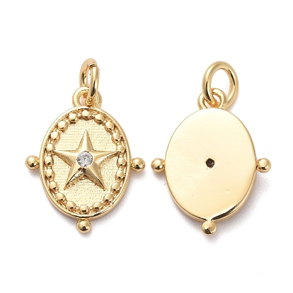 Brass Micro Pave Clear Cubic Zirconia Charms, with Jump Rings, Oval with Star