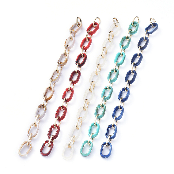 Handmade Acrylic & Aluminium Cable Chains, Imitation Gemstone, Flat Oval, for Jewelry Making, Light Gold