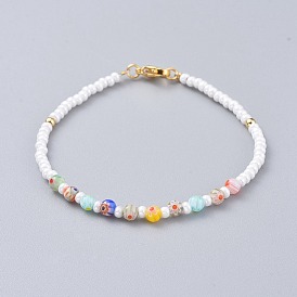 Millefiori Glass Beaded Bracelets, with Round Glass Seed Beads, Brass Beads and 304 Stainless Steel Lobster Claw Clasps