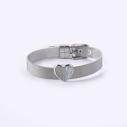 Unisexes 304 bracelets bracelet en acier inoxydable de bracelet, avec breloques coulissantes en laiton à micro-pavé de zircons cubiques, cœur