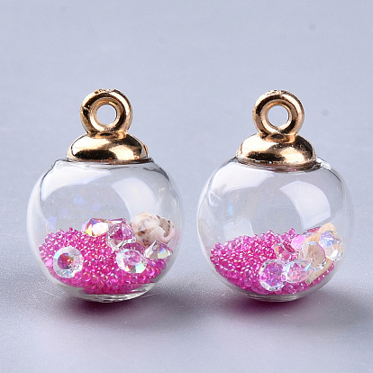 Pendentifs globe en verre transparent, avec résine et strass en résine et coquille de conque et micro perles de verre à l'intérieur, balles pendantes en plastique ccb, ronde, or