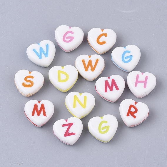 Perles acryliques de style artisanal, trou horizontal, coeur avec lettre initiale aléatoire