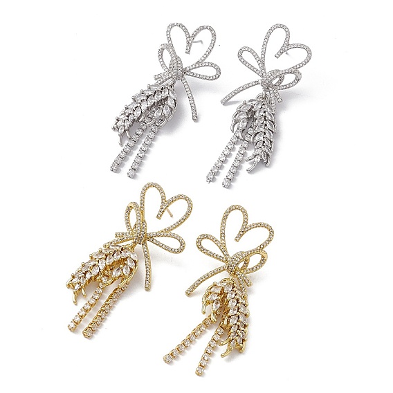 Clear Cubic Zirconia Heart Bowknot with Wheat Dangle Stud Earrings, Rack Plating Brass Long Tassel Drop Earrings  for Women, Cadmium Free & Nickel Free & Lead Free